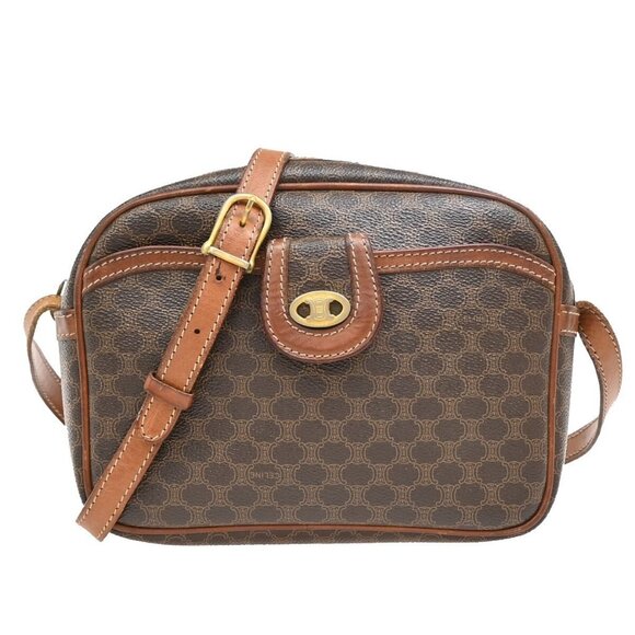 CELINE Logo Macadam Shoulder Bag PVC Leather Brown GHW Italy - Picture 1 of 5